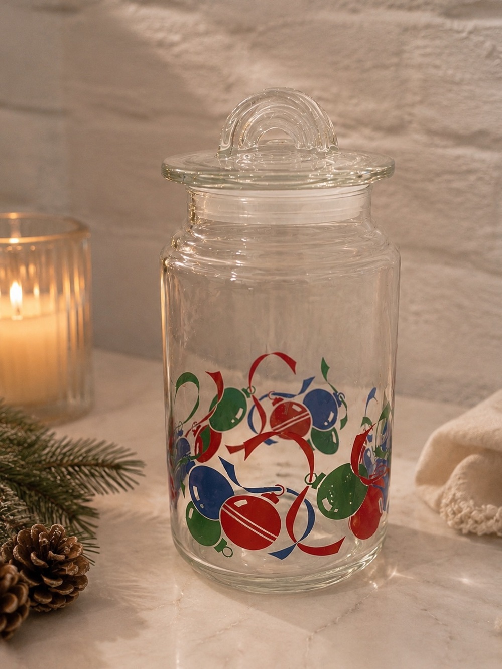 VINTAGE Glass Jar with Lid – Holiday Ornaments Design